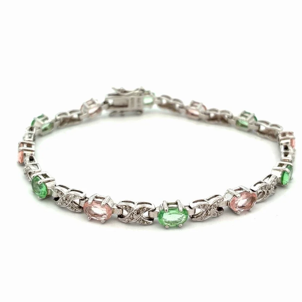 Designer Sterling Silver Pink & Green Cubic Zirconia Chain Link Tennis Bracelet